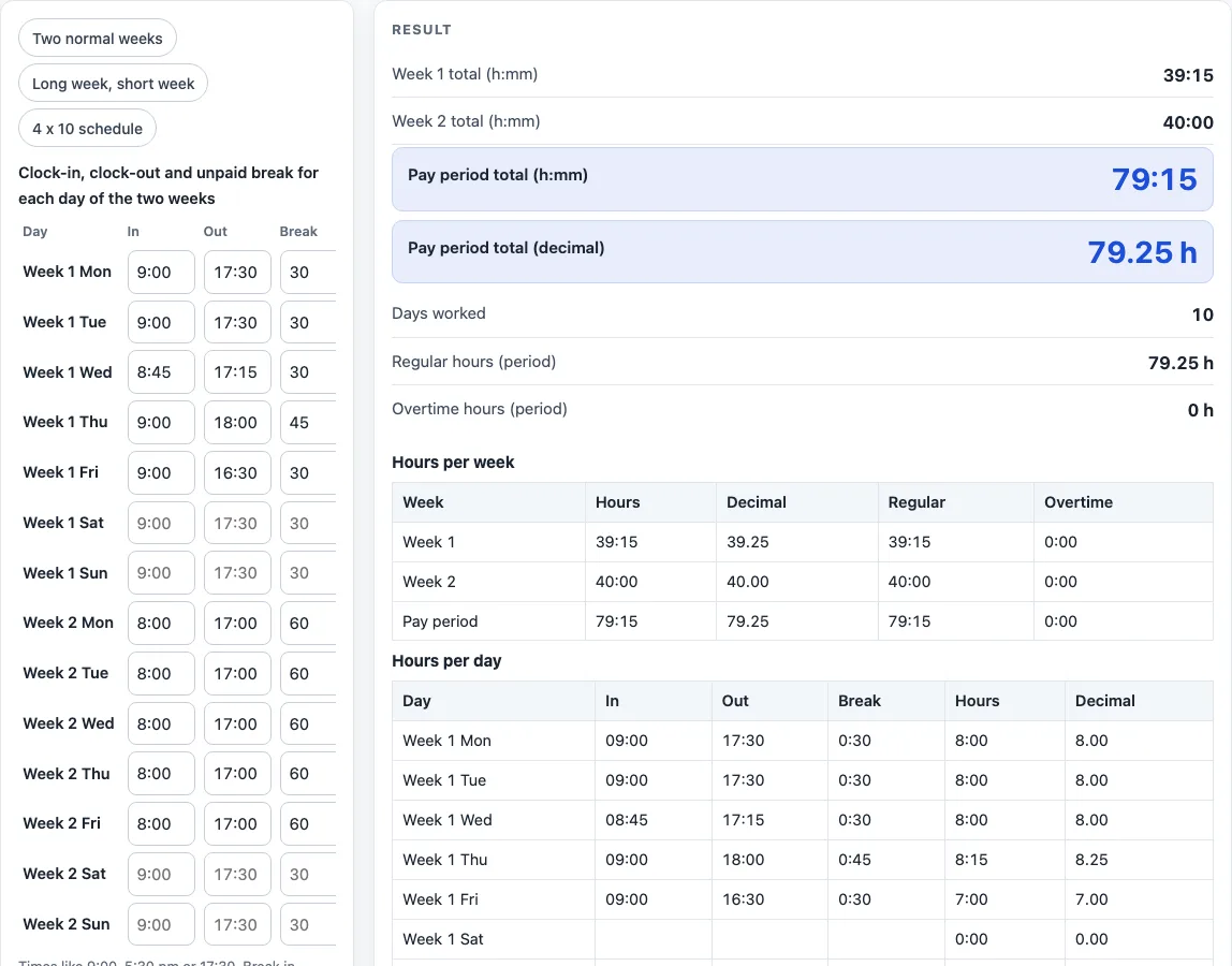 Biweekly timesheet calculator example