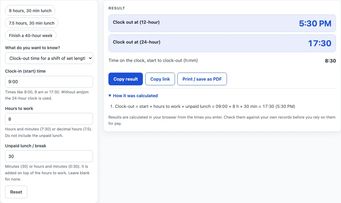 Clock out time calculator example