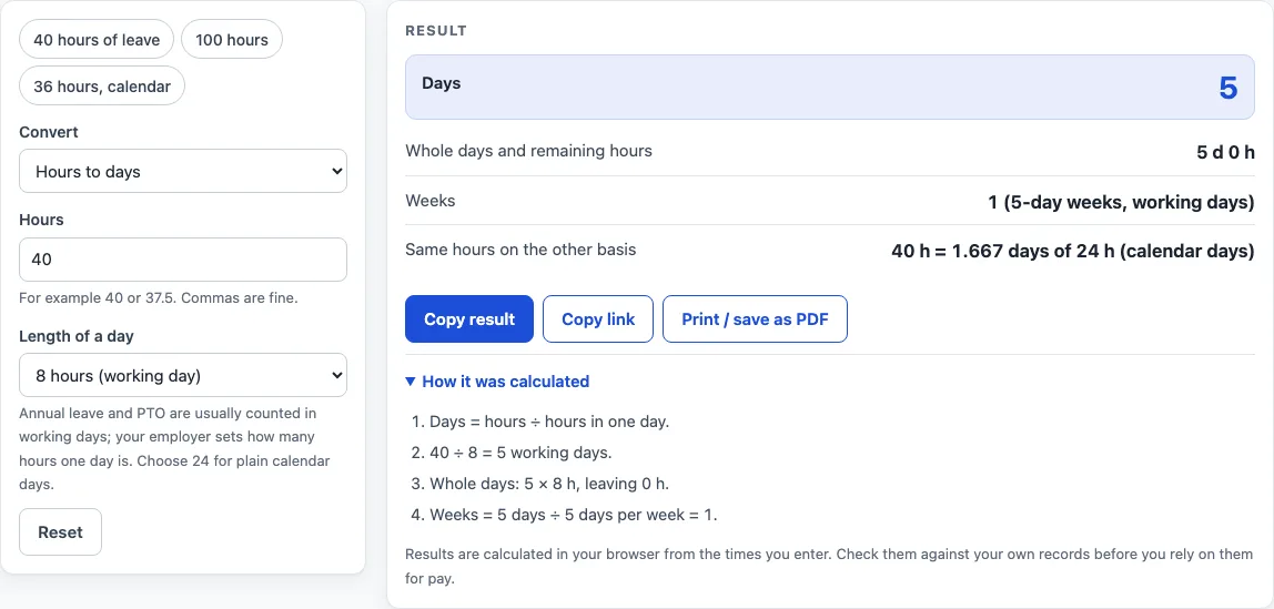 Hours to days converter example