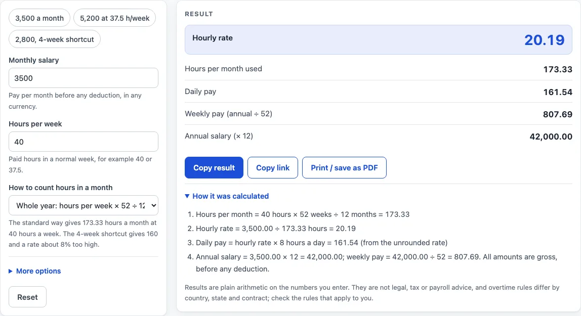 Monthly salary to hourly calculator example