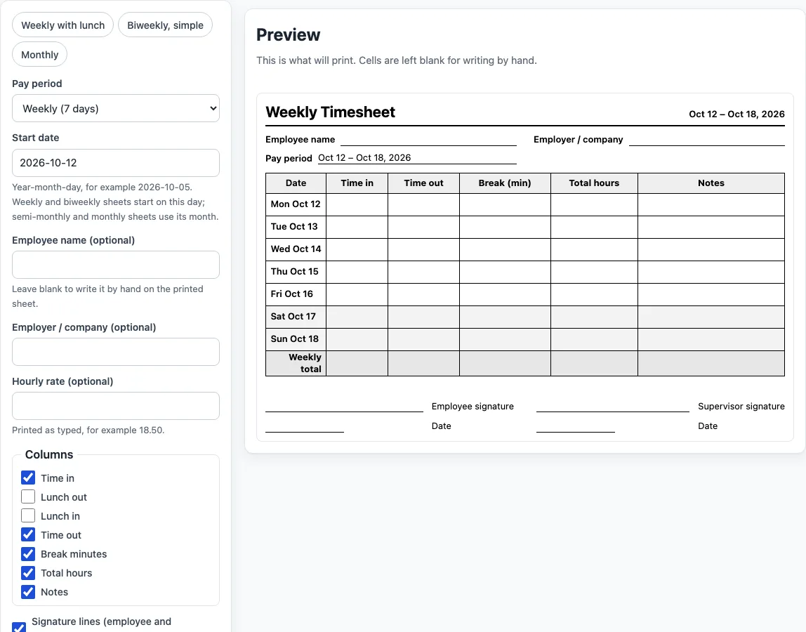 Printable timesheet example