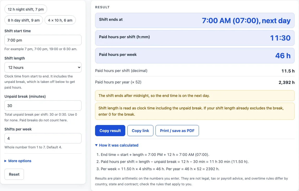 Shift hours calculator example