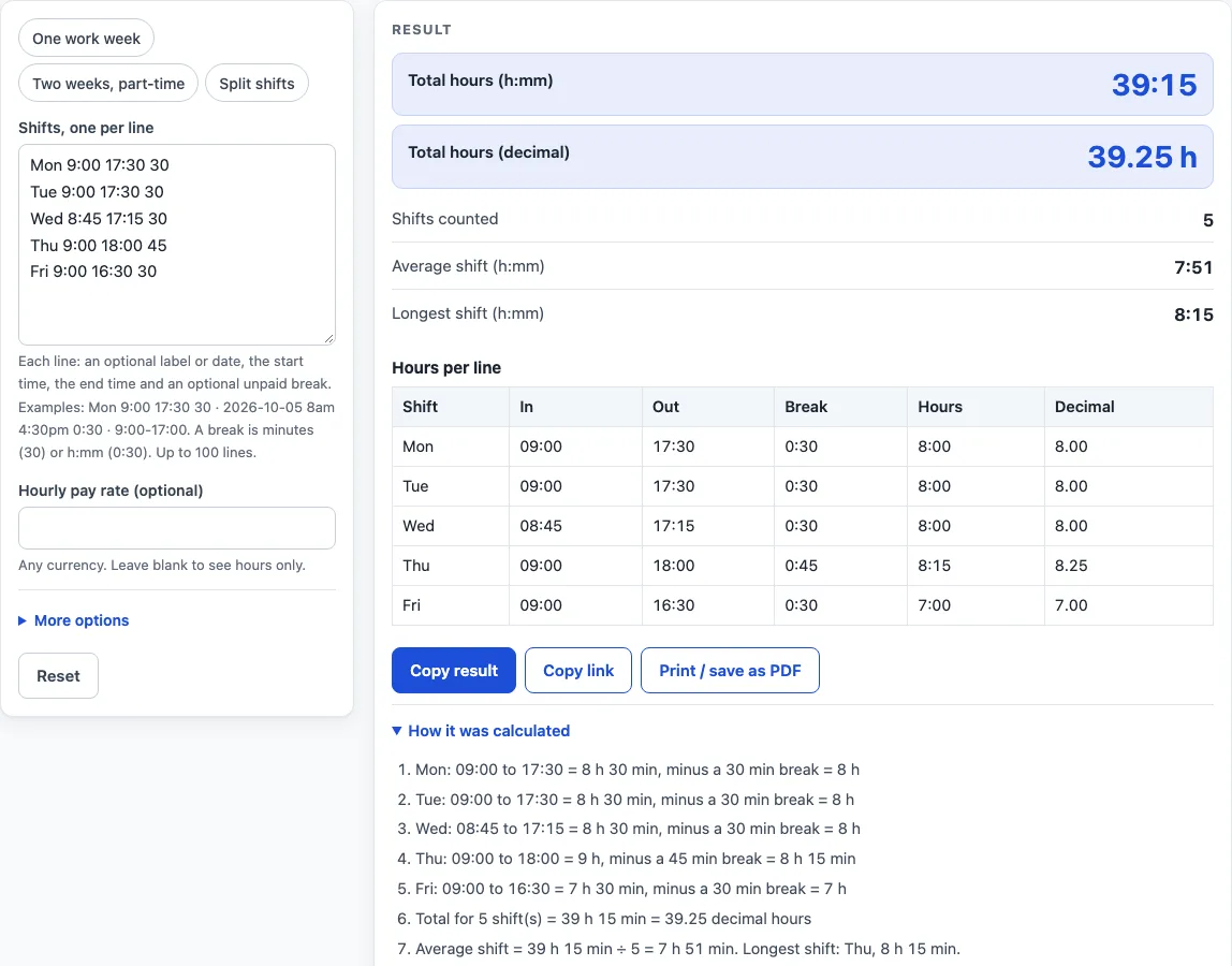 Timesheet calculator example